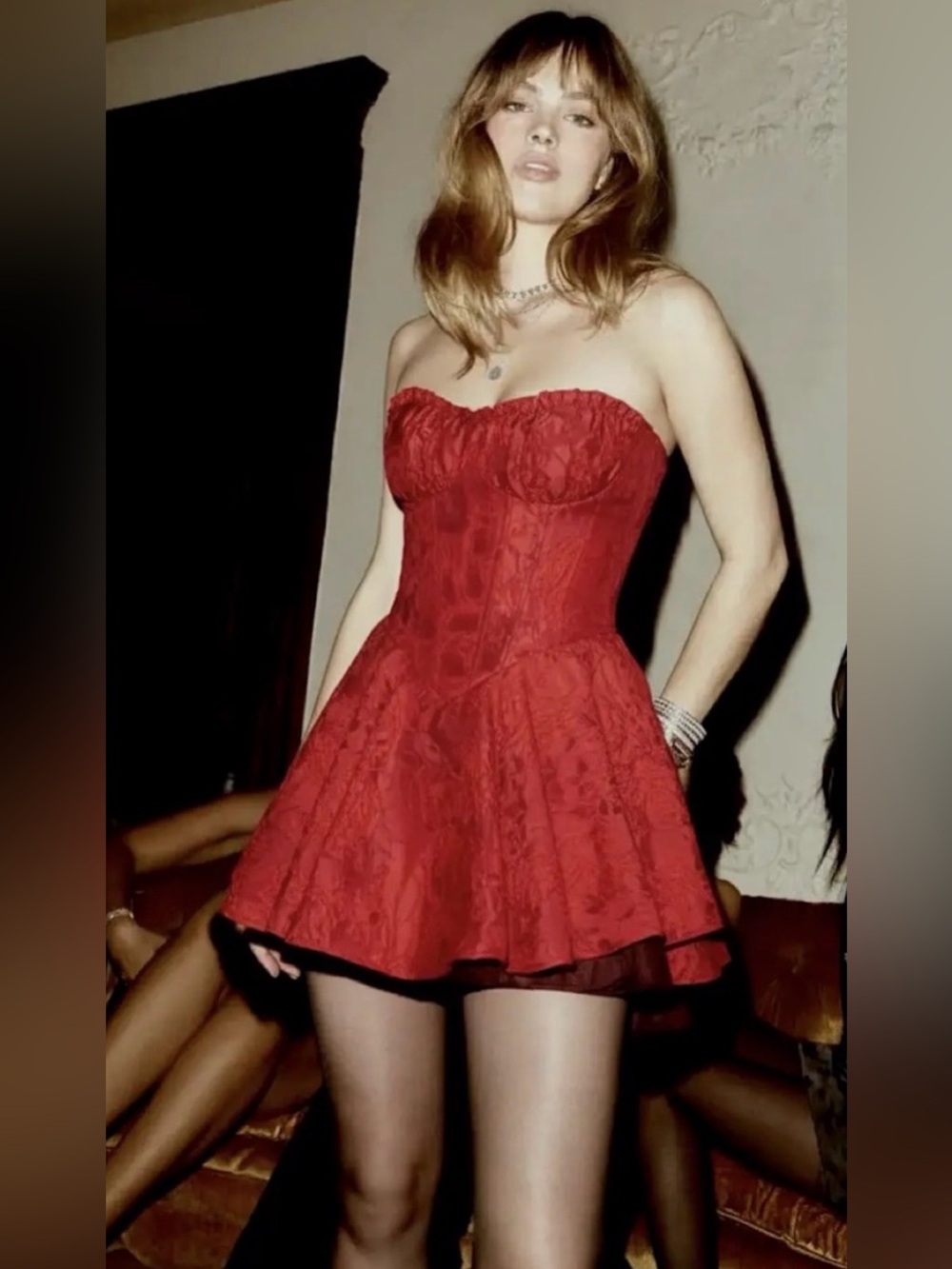 Cider Red Jacquard Fit & Flare Corset Back Mini Dress w/ removable clear straps
